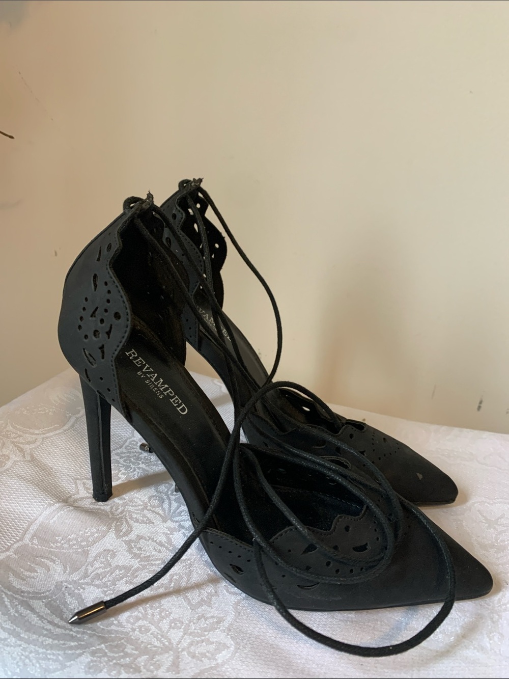 Revamped Black Lace-Up Pointed-Toe Stiletto Heels
